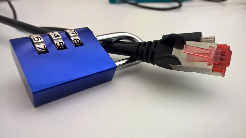 Ethernet cable threaded through padlock representing data security
